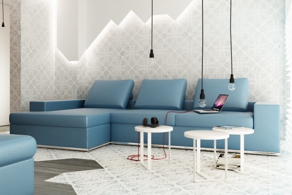 Sofa L-förmig-blau Wanddeko Ideen Tapete