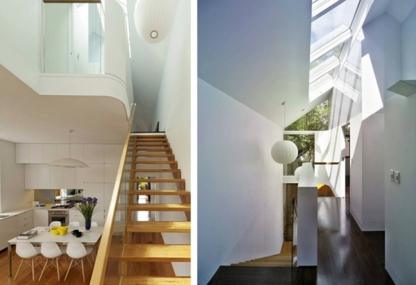 Treppenhaus Holz Dachfenster-weiße Wände