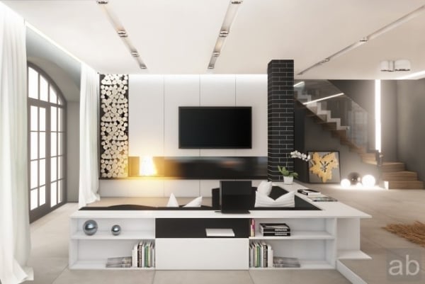 Wohnideen-moderne-Wohnzimmer-schwarz-weiß-kamin-regale-sofa