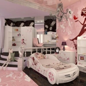 auto kinderbett maedchen zimmer weiss rosa fee wandbild