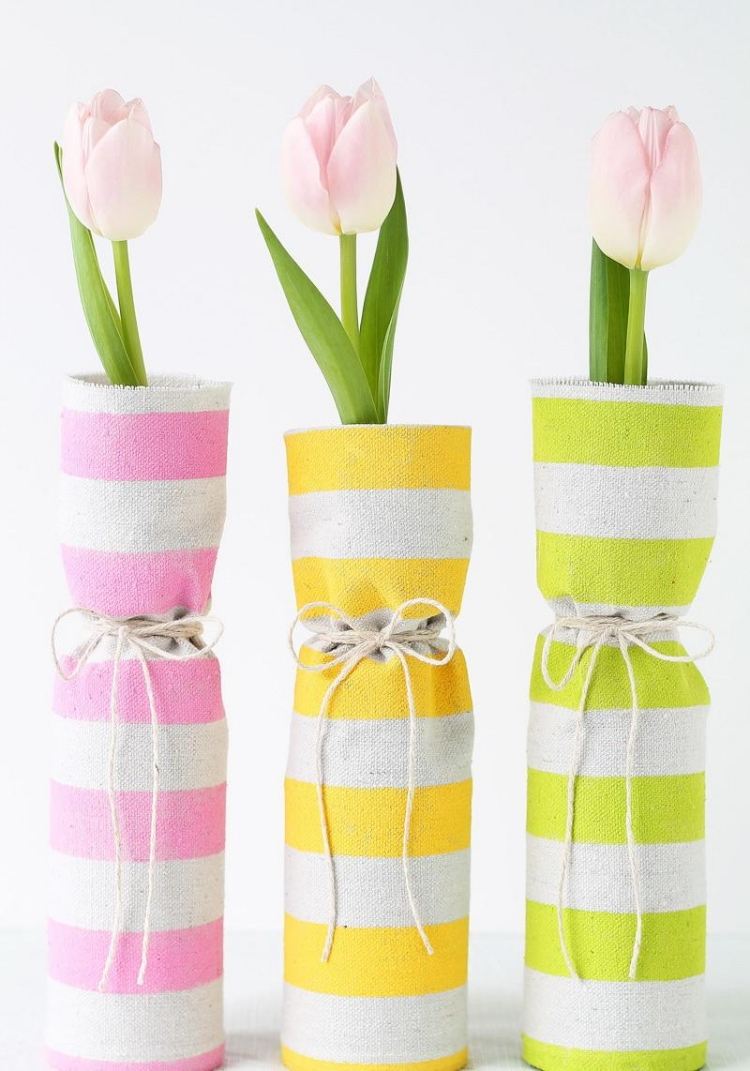 fruhling-basteln-kinder-deko-vasen-tulpen-stoff-streifen-gelb-rosa