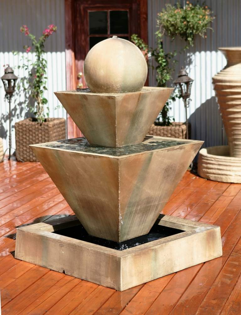 ideen für gartenbrunnen stein beton kugel modern design terrasse