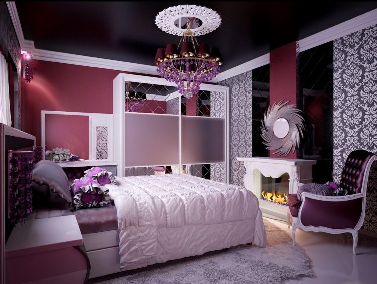 jugendzimmer-einrichtung-maedchen-schwarz-weiss-pink-violett-muster-tapete-kronleuchter-prinzessin