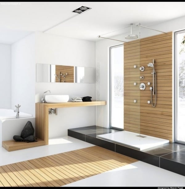 modernes badezimmer bambus holz glas duschkabine marcin pajak