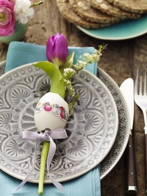 ideen für osterdeko für vase aus eierschale lila tulpe