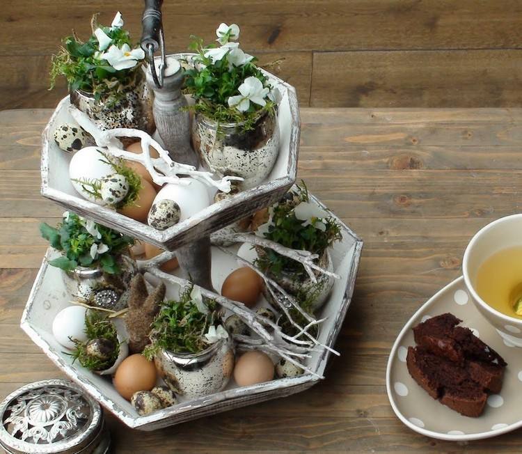  Tisch Deko für Ostern vintage-etagere-eier-vasen-wachteleier-skandinavisch