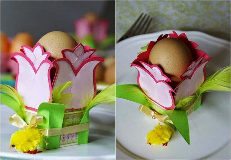 Tischdeko zu Ostern papier-eierbecher-tulpen-gelbes-kueken-teller-gast