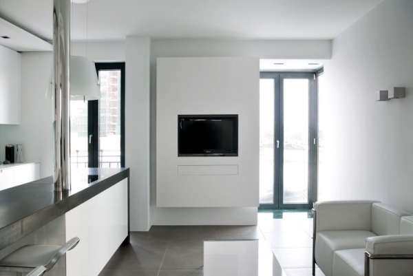 Apartment komplett schwarz weiß wohnbereich wand tv