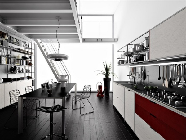 Moderne Einbau Küche-Modulelemente weiß-grau-rot
