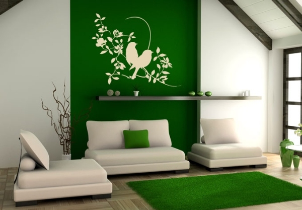 Wanddeko weiß-grün-Wohnzimmer-Vögel Muster
