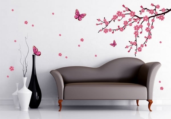 Wandtattoo Schmetterlinge-Kirschblüten pink 