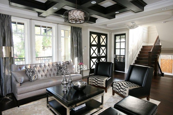 Wohnzimmer Ledermöbel-gepolsterte Sitze schwarz-grau Teppich