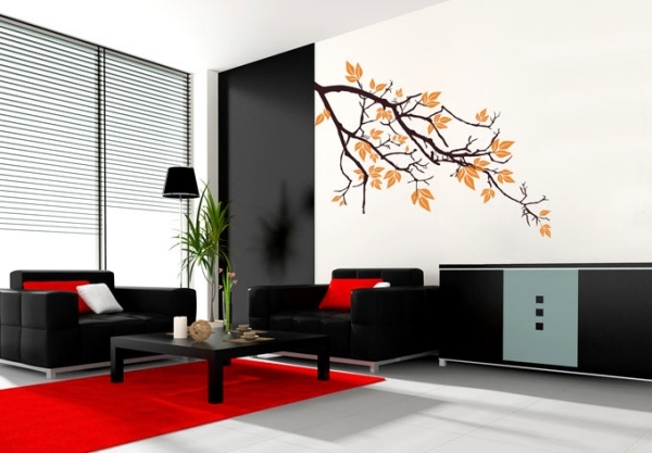 Wohnzimmer Wand Tattoo Ideen florale Motive-Schwarze Sitzmöbel