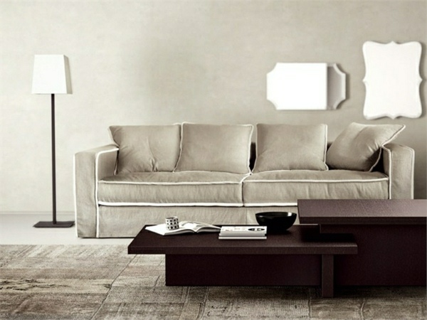 Wohnzimmer beige Sofa-niedriger Holz Kaffeetisch Spiegel 