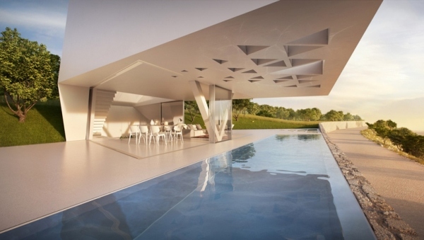 exklusive ferienvilla poolbereich dachfenster weiß minimalistisch