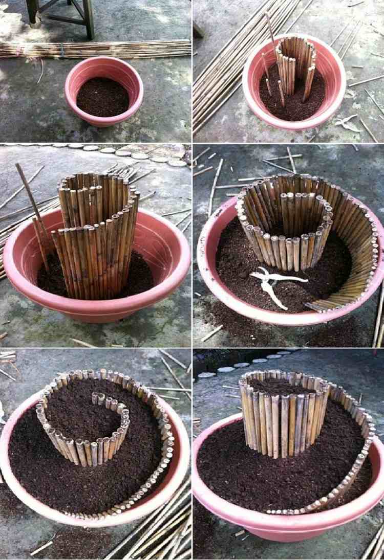 gartendeko zum selbermachen blumentopf spirale bambus erde idee originell