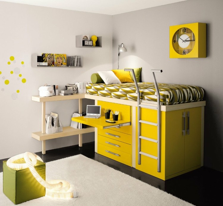 hochbett-im-teenager-zimmer-gelb-design-einzelbett-leiter-schreibtisch-klappen