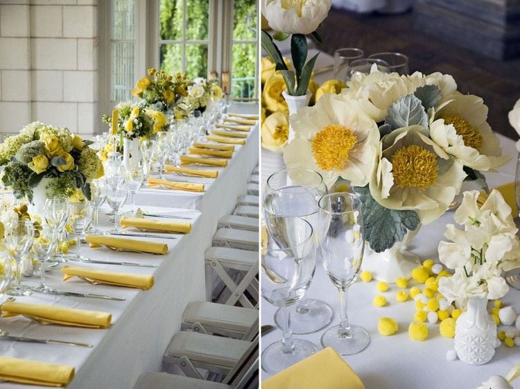 Ideen zur Hochzeit -fruehling-deko-gelb-stoffservietten-gelbe-rosen-hrysanthemen