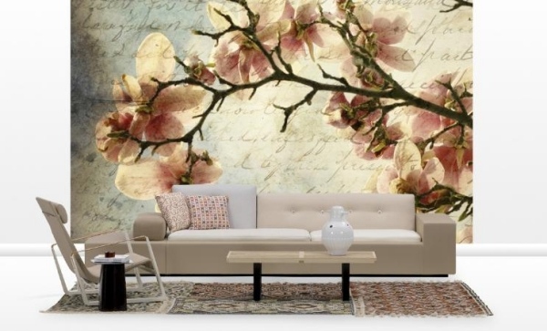 ideen fototapete blüten magnolia beige wohnzimmer möbel