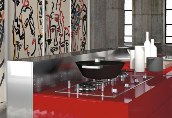 moderne rote arbeitsplatte küche kochbereich