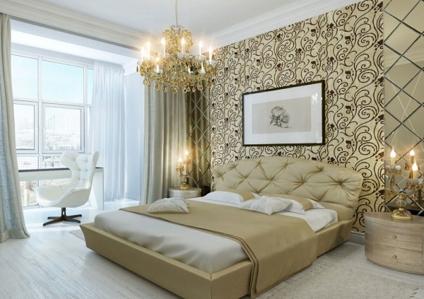 moderne schlafzimmer  akzentwand gesteppter bett kopfteil gold