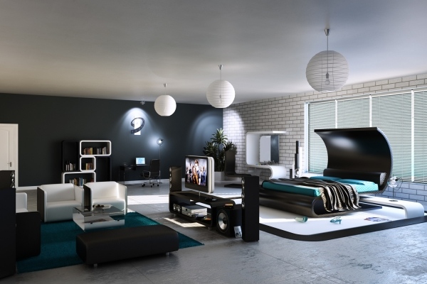 modernes schlafzimmer geometrisch schwarz weiß türkisblau sitzbereich
