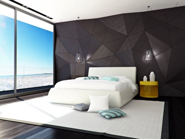moderne schlafzimmer einrichten gometrische wandplatten 3d