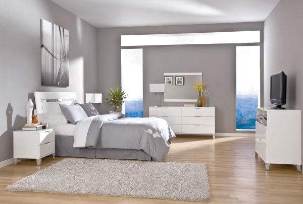 moderne schlafzimmer einrichtung holzboden grau weiß
