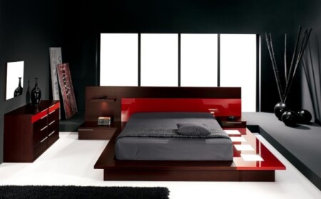 moderne-schlafzimmer-einrichtung-plattform-rot-holz-schwarze-wände-japanisch