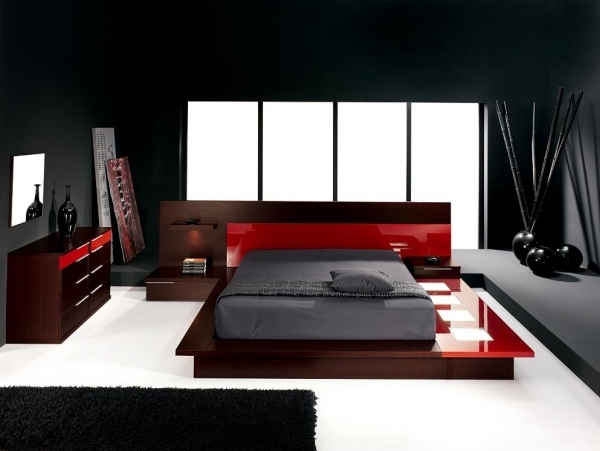 moderne schlafzimmer plattform rot holz schwarze wände japanisch