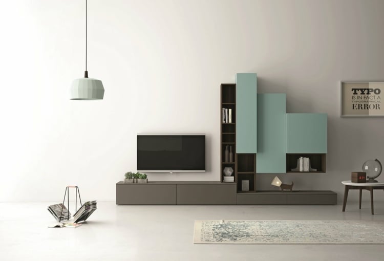 wohnwand im wohnzimmer grau minze farben modern fernseher idee