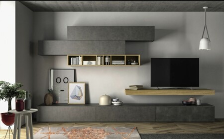 wohnwand im wohnzimmer grau slim kollektion minimalistisch parkett