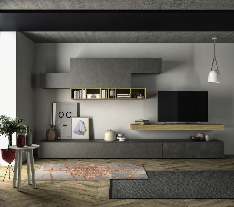 wohnwand im wohnzimmer grau slim kollektion minimalistisch parkett