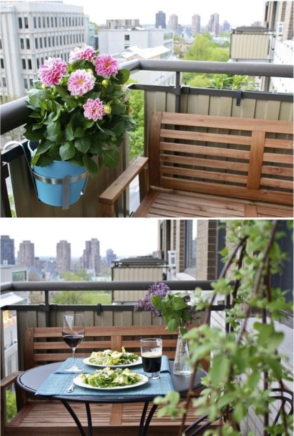 Balkon Holzbank-Metalltisch Tischdecke Blumen-Dekoideen