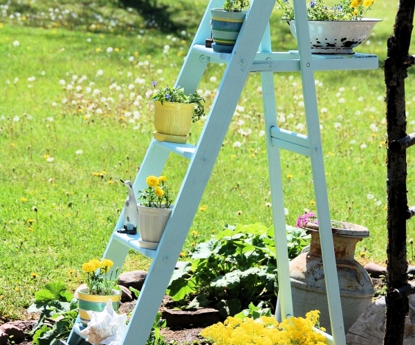 Blumenständer-selber-bauen-leiter-blau-streichen-gelbe-blumen