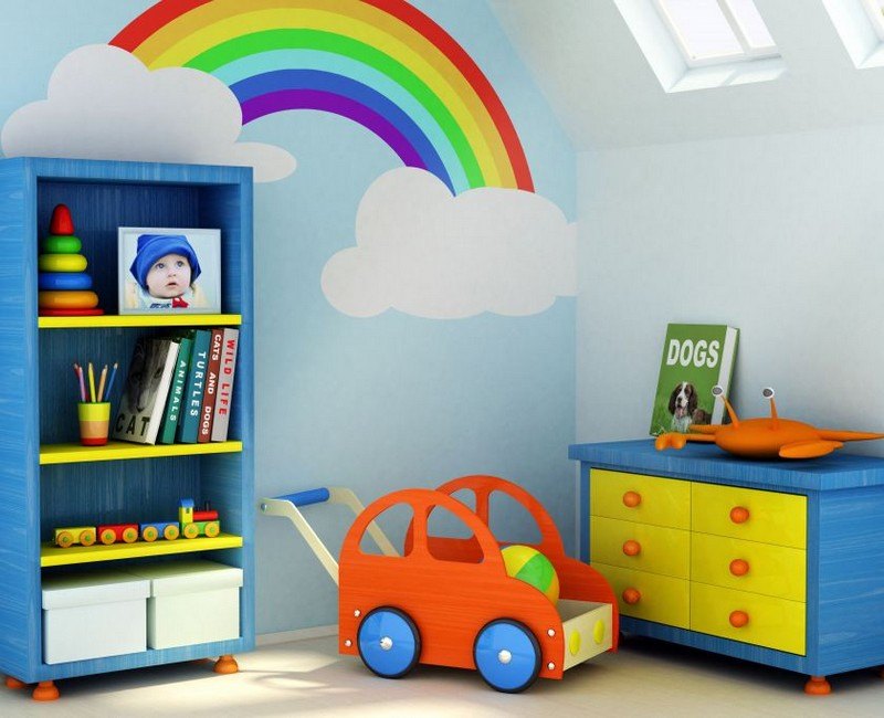 Deko-Kinderzimmer-Regenbogen-Wolken-blaue-Wandgestaltung