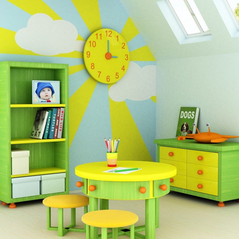 Deko-Kinderzimmer-Wandgestaltung-Sonne-Wanduhr