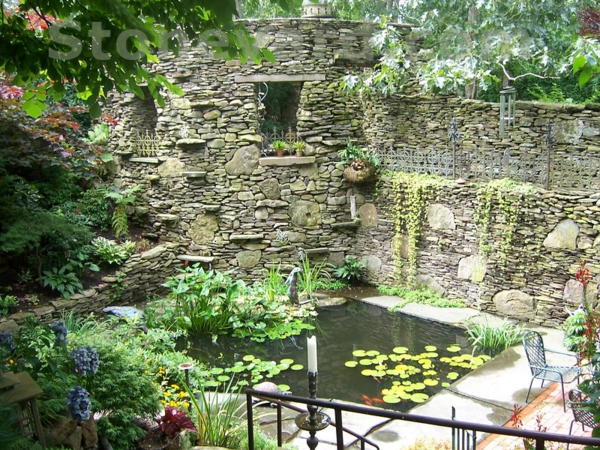 Garten Gestaltung asiatischer Stil Koi Teich Steinwand