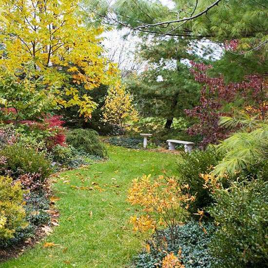 Garten im Herbst sitzbank kleine wiese umgeben herbst ideen