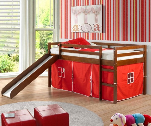 Halbhohes Spielbett-Rot Rutsche lackiertes Holz