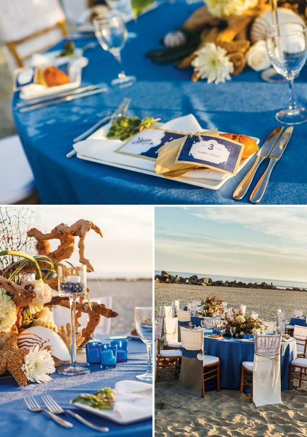 Hochzeit am Strand Romantik blaue Tischdecke Platzkarten