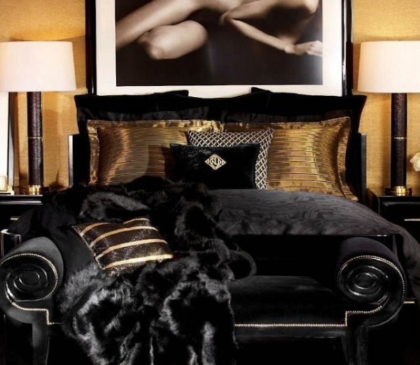 Luxus-Einrichtung Schlafzimmer-Ralph Lauren-Schwarz Samt Fell