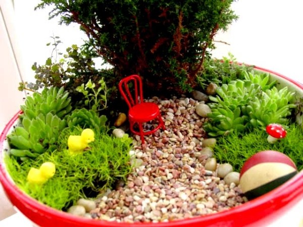 Miniaturgärten Pflanzkübeln balkon gehweg pilze küken