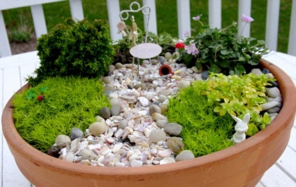 Miniaturgärten Pflanzkübeln muscheln dekogras