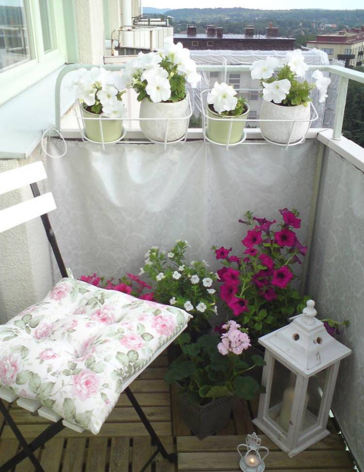 Balkon Gestaltung sichtschutz-stoffbespannung-petunien-weiss-rosa-fuchsia