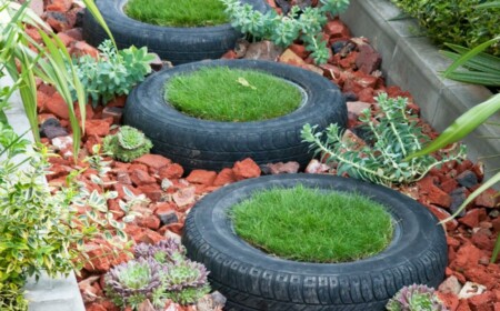 gartenideen mit alten haushaltssachen gartenweg originell reifen rasen saeen rot stein