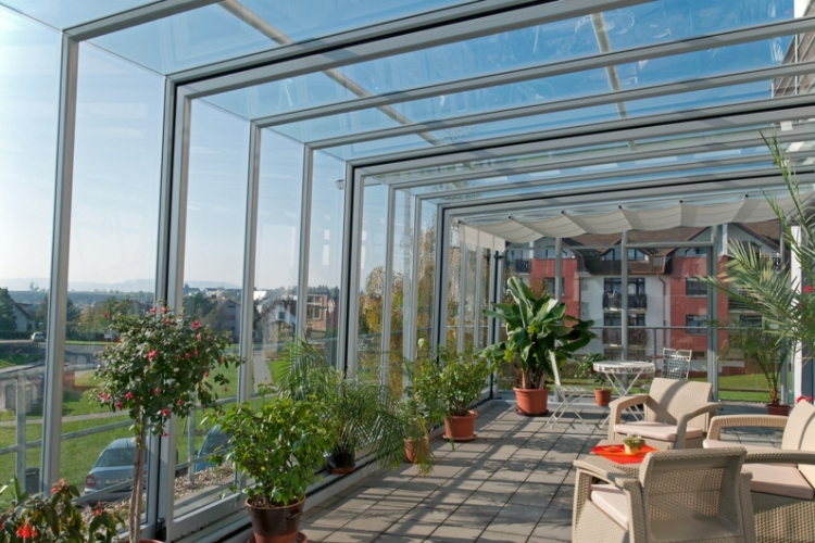 glasdach für die terrasse silber stuetze metall zierbaeumchen