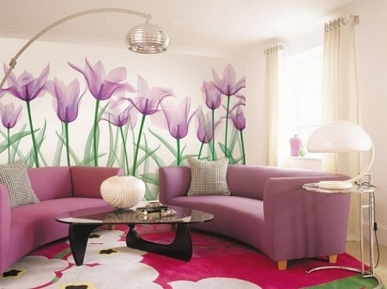 ideen für wandgestaltung wohnzimmer lila farbthema