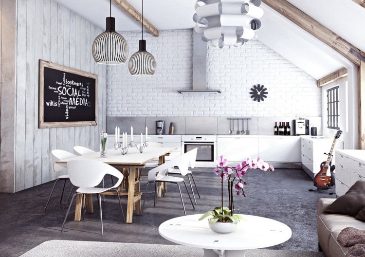 kuche-wandgestaltung-ideen-modern-skandinavisch-wanduhr-schwarze-tafel