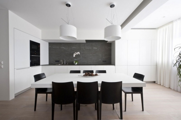 moderne Wohnung weiße küchenzeile kontrast fliesenspiegel schwarz